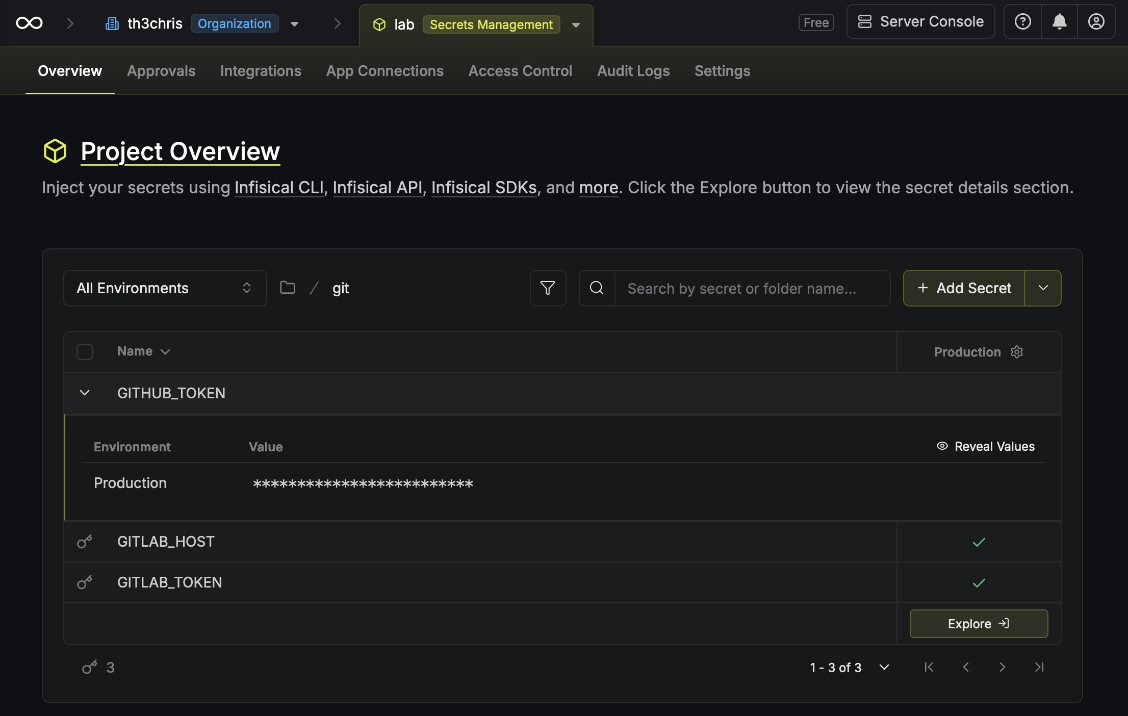 Infisical project overview: the /git folder with secrets GITHUB_TOKEN, GITLAB_HOST and GITLAB_TOKEN, values masked